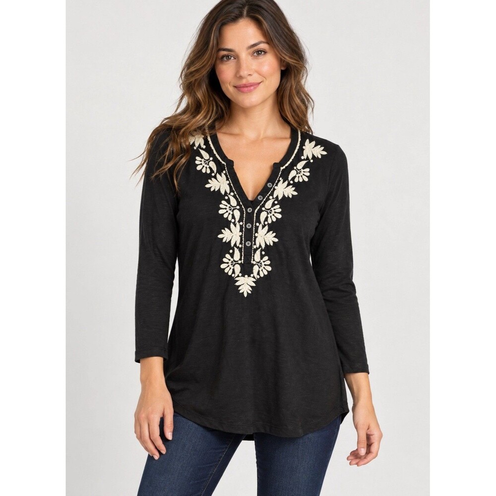 Lucky Brand Black Floral Embroidered Long Sleeve Henley Tunic Top Women’s Large